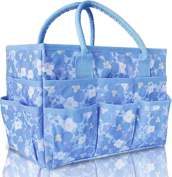 Cupohus Art Organizer Craft Storage Tote Bag with Pockets and Handles, Oxford Fabric Carrying Caddy for Teacher, Officer, Artist, Traveler, and more-Little Blue Flower
