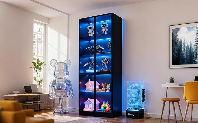 79'' Tall Glass Display Cabinet with LED Lights,Showcase with Glass Doors,5-Tier Curio Cabinet for Collectibles Bookcase,Storage Shelf, Bookcase (Black- 5 Layers, Large)