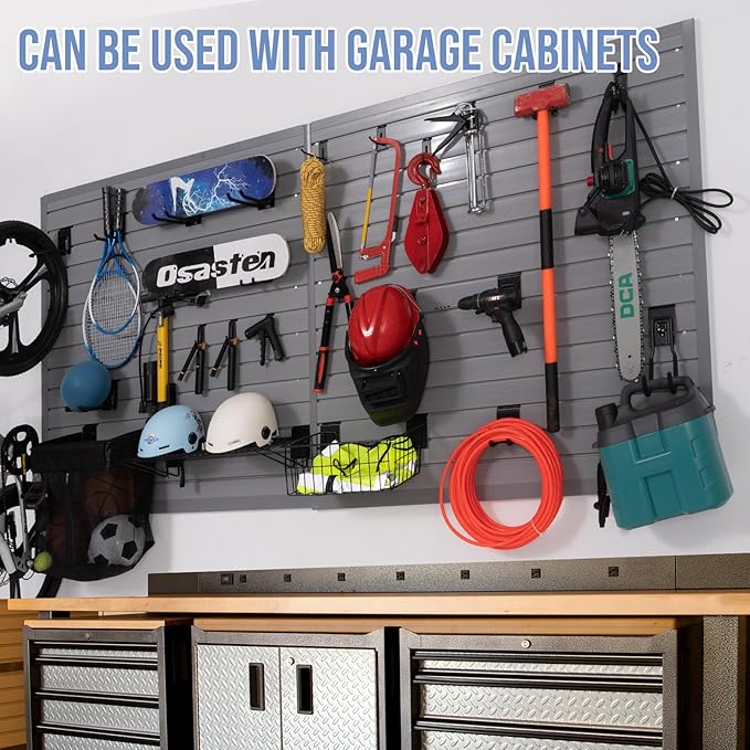 Slatwall Panels Garage Slat Wall Storage Systems 4'x 8', Slat Wall Paneling Garage Wall Organizer, Grey Slat Board PVC Wall Panels Slatwall Displays Garage Tool Organizer Wall Mount Ladder Bike Rack