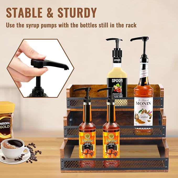 Liquor Bottle Display Shelf, Coffee Syrup Rack Organizer, 2 Pack 3 Step Countertop Liquor Wine Rack, Coffee Station Organizer with Fences & Handles, Home Retro Bar Shelf Stand for Liquor Whiskey