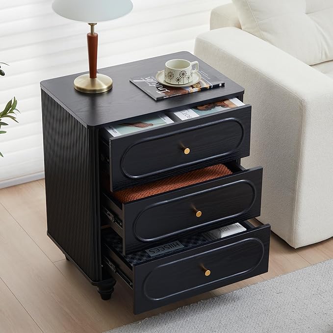 ORRD 3 Drawer Fluted Dresser for Bedroom Set of 2, Mid Century Modern Chest of Drawers, Wood Storage Small Dresser Organizer for Bedroom Living Room Hallway Closet, Black