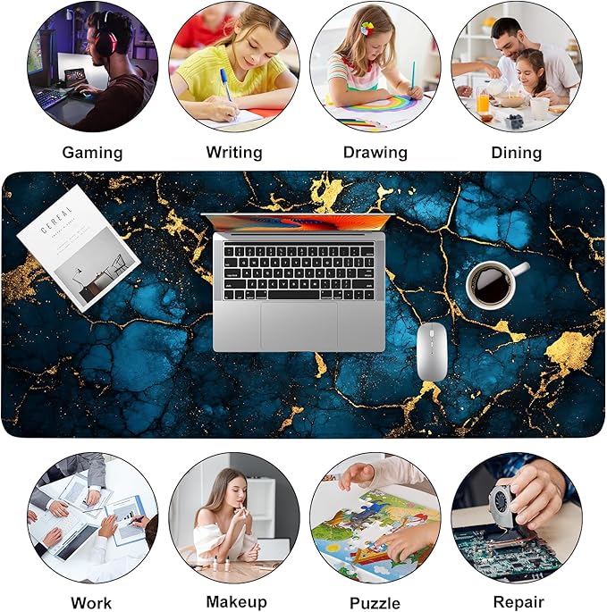 Blue Marble Gold Vein Mouse Pad – Large Extended Desk Mat 35.43 x 15.75 in – Elegant Navy Ink Texture with Metallic Cracks, Keyboard & Mouse Pad for Office & Gaming