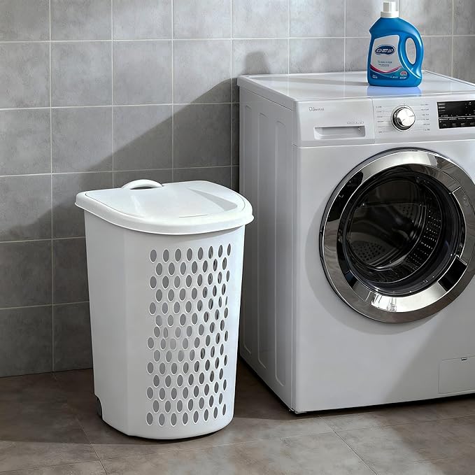 Large Capacity Laundry Basket with Wheels and Telescopic Handle - Ventilation Holes for Freshness - Portable Laundry Hamper for Apartments Dorm Rooms - White