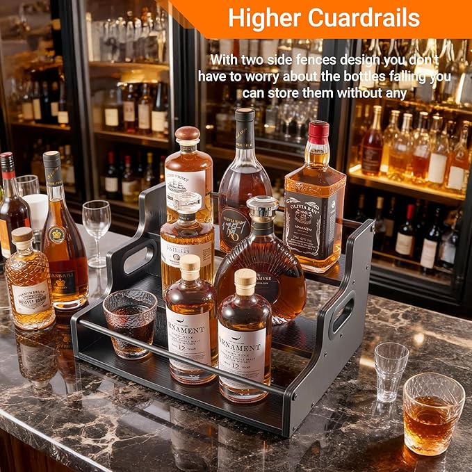 3-Tier Liquor Bottle Display Shelf,Coffee Syrup Rack Organizer,Water Bottle Organizer, Mini Bar Cabinet, Rustic Bar Shelves for for Liquor Whiskey, Spirits（Black）