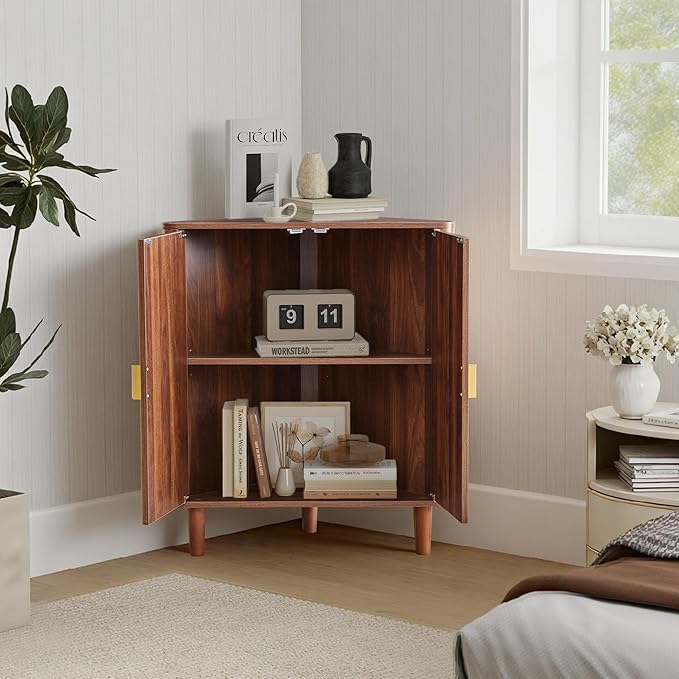 Small Corner Storage Cabinet, Modern Freestanding Floor Cabinet with Magnetic Door Lock and Adjustable Shelves, Small Space Corner Table for Bathroom, Kitchen, Dining Table, Living Room, Walnut