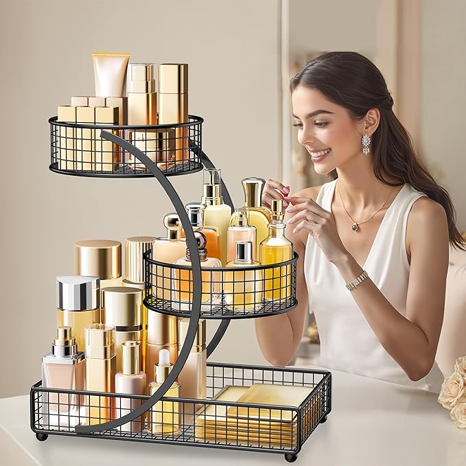 HBlife Makeup Organizer for Vanity, 3 Tier Metal Bathroom Countertop Organizers Skin Care Storage, Bathroom Counter Shelf Skincare Holder Perfume Cosmetic Display, Black