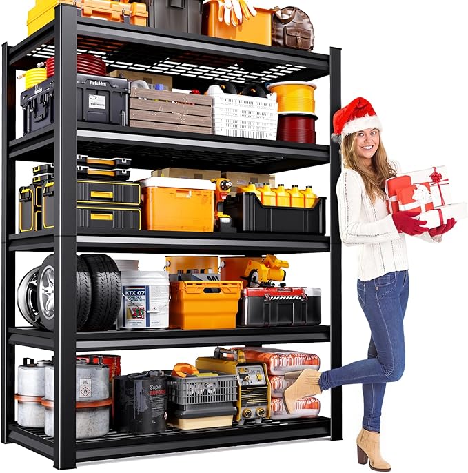 71" H Garage Shelving Heavy Duty 5-Tier Storage Shelves, Adjustable Metal Shelving Unit, Utility Garage Organizer Shelf for Basement, Pantry, Kitchen, Warehouse,15.7" Dx35.4 Wx71.2 H, Black
