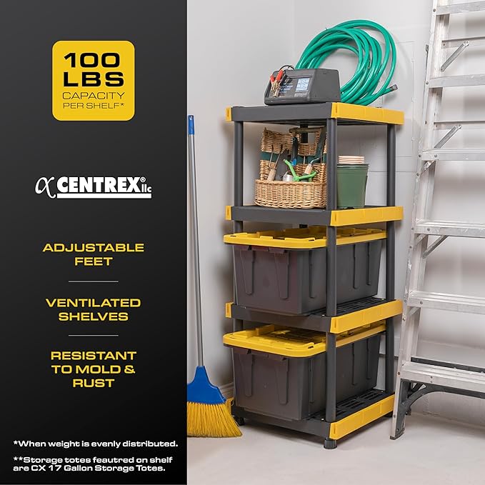 BLACK & YELLOW 4-Tier Heavy Duty Plastic Storage Shelving Unit, 100lbs/shelf (55H x 24W x 20D), for Indoor/Outdoor Organization, Modular Rack, Extremely Durable, Made in The USA