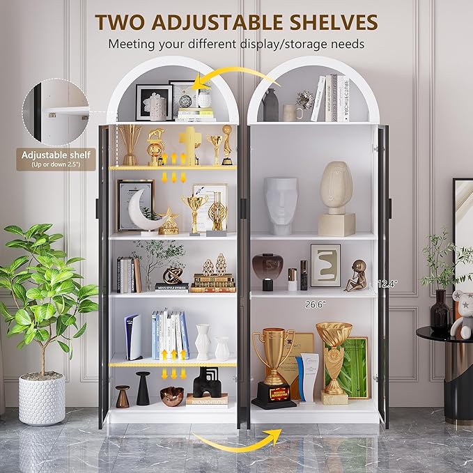 Display Cabinet with Doors and Adjustable Shelves, 76" Tall Display Case with LED Lights/Arch Storage Space, 6 Tier Bookcase for Collectibles Bedroom Living Room Office, White