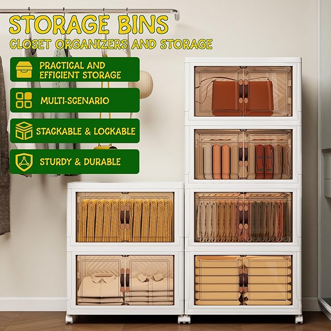 Storage Bins with Lids and Wheels, Collapsible Bathroom Storage Cabinet with Clear Doors, Plastic Stackable Closet Organizers and Storage Containers White 90 QT
