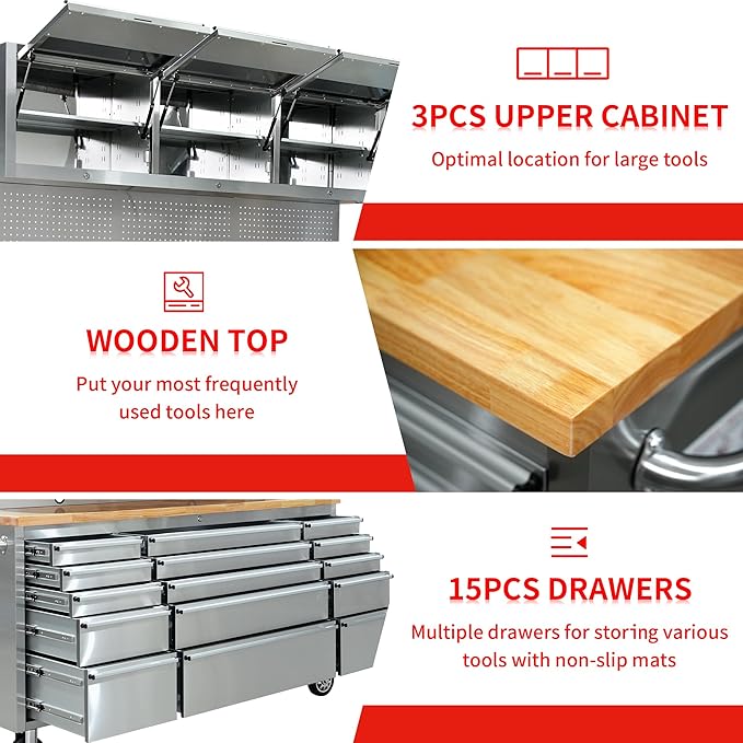 CT Copper Tailor 72-inch Rolling Tool Chest with Integrated Power Strip,15 Drawers and Wheels, Garage Workbench with Storage, 3 Upper Cabinets, Pegboard in Stainless Steel