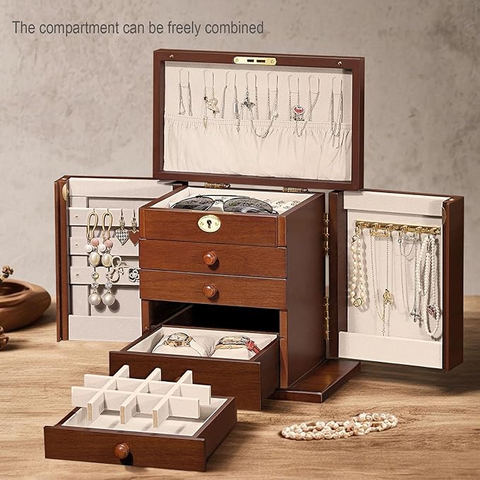 wooden Jewelry Box and Organizer - 8-Layer Lockable Wooden Jewelry Boxes for Women - Large Jewelry Boxes and Organizer with Key,Gift for Wife,dresser top jewelry box with lock
