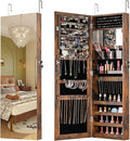 CHARMAID Jewelry Cabinet Wall or Door Mounted, Hanging Lockable Jewelry Armoire Storage with Full Length Mirror, Interior Makeup Mirror, Over the Door Jewelry Organizer Box with Mirror (Rustic Brown)