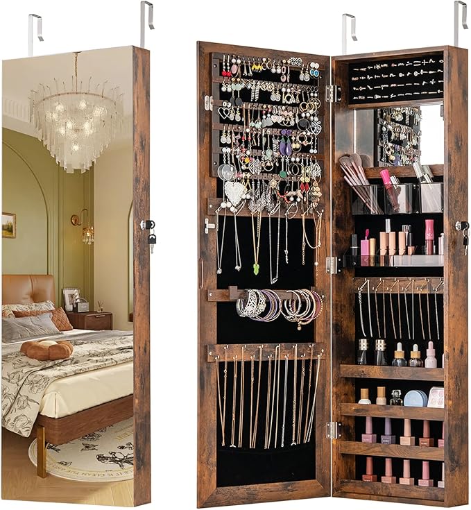 CHARMAID Jewelry Cabinet Wall or Door Mounted, Hanging Lockable Jewelry Armoire Storage with Full Length Mirror, Interior Makeup Mirror, Over the Door Jewelry Organizer Box with Mirror (Rustic Brown)