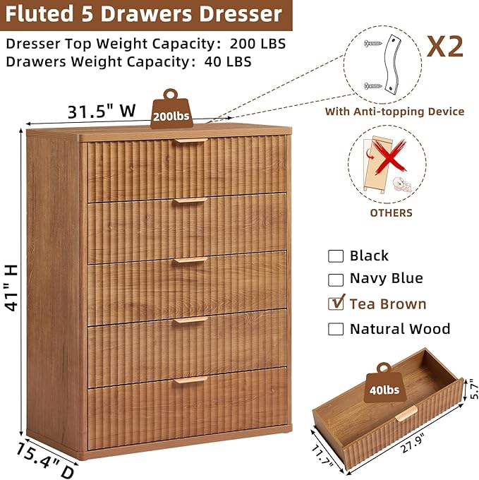 LEYAOYAO Fluted 5 Drawers Dresser for Bedroom Set of 2, 41" Tall Modern Chest of Drawers with Metal Handle, Curved Profile Design,Brown Wood Drawer Organizer for Bedroom, Living Room, Hallway