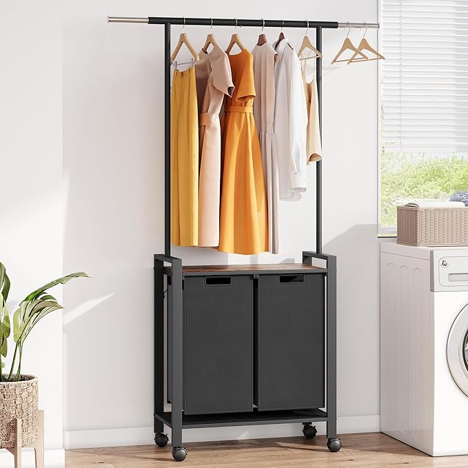 Laundry Sorter 2 Section Laundry Hamper Sorter with Clothes Hanging Rod and Wooden Storage Shelf 2 X 13gal Laundry Basket Organizer for Laundry Room Organization Storage Baskets, Black