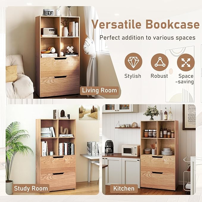 Giantex Bookshelf with 4 Cubes & 2 Drawers, 51” Tall Floor Bookcase with Anti-tip Kits, Freestanding Display Rack Storage Organizer for Study, Living Room, Home Office (2, Natural)