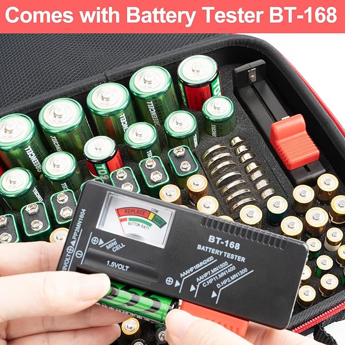 Battery Organizer Storage Case with Tester, Battery Holder Organizer Fit for 126+ Batteries AA AAA C D 9V LR44 CR2032