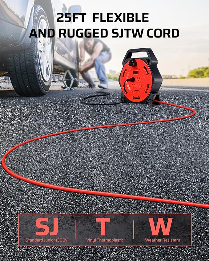 DEWENWILS Extension Cord Reel with 25 FT Power Cord, Hand Wind Retractable, 16/3 AWG SJTW, 4 Grounded Outlets, 13 Amp Circuit Breaker, Red, Red Cord, UL Listed