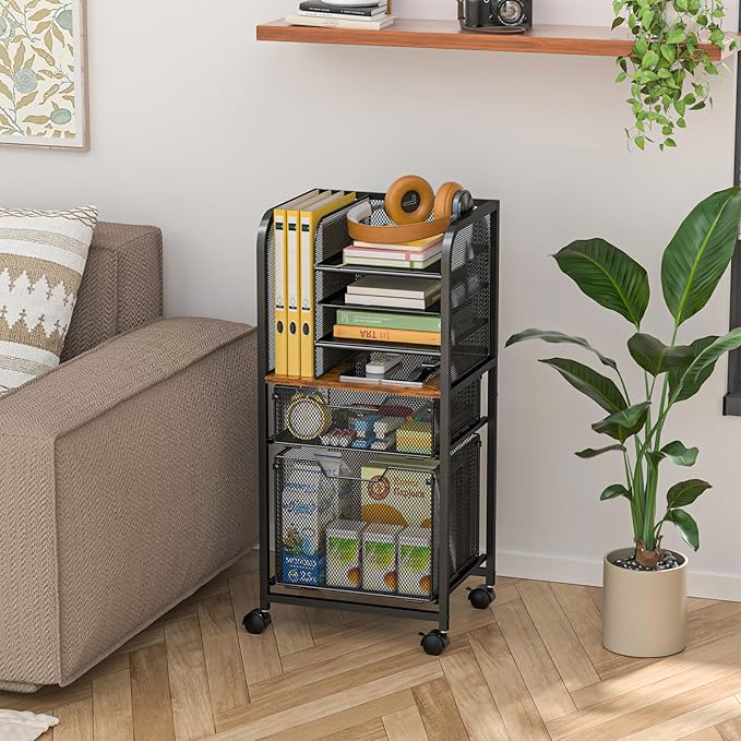 6-Tier Rolling File Cart with 2 Drawers, File Cabinet Organizer for Hanging File Folders, Letter-Size File Storage with Wheels, Multi-Layer Mobile Filing Cabinet for Office and Home