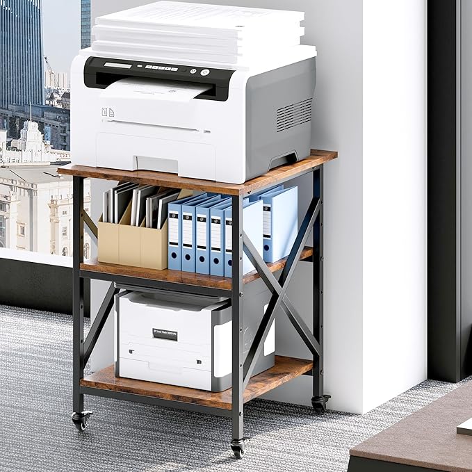 Ollieroo 3 Tier Printer Stand, Large Table with Wheels, Rolling Cart with Height Adjustable Middle Storage Shelf, 23.6 x 23.6 x 30.3 Inches Shelf for Home Office, Vintage Brown