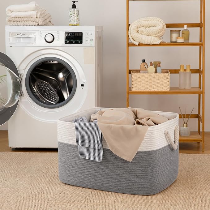 95L Extra Large Blanket Basket with Lid, 24" x 16.9" x 14.2" Woven Storage Basket for Living Room, Rectangle Nursery Blanket Storage for Toys, Towels, Dirty Clothes, Grey & White