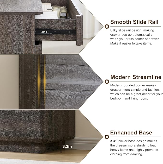 ACCOHOHO Modern 9 Drawer Dresser for Bedroom, 52" Wide Wooden Dressers with Large Storage,Handleless Chest of Drawers TV Stand for Living Room & Hallway, Curved Profile Design, Grey