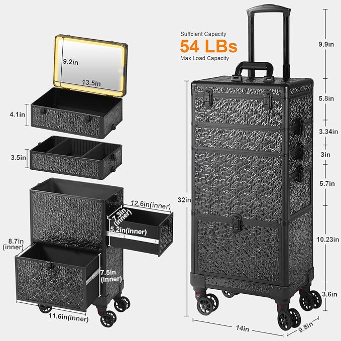 Rolling Makeup Case with Lighted Mirror, Makeup Train Case with Large Drawer, Cosmetology Case, Travel Makeup Organizers, Professional for Salon Barber, Nail, Tattoo, Black