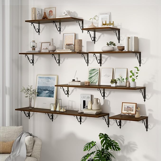 Fun Memories Large Floating Shelves for Wall 48 Inches Long, 12 Inch Deep Shelves with Metal Bracket, 48 Inch Floating Shelves Wall-Mounted, Wide Display & Storage Bookshelves, Walnut, Set of 2