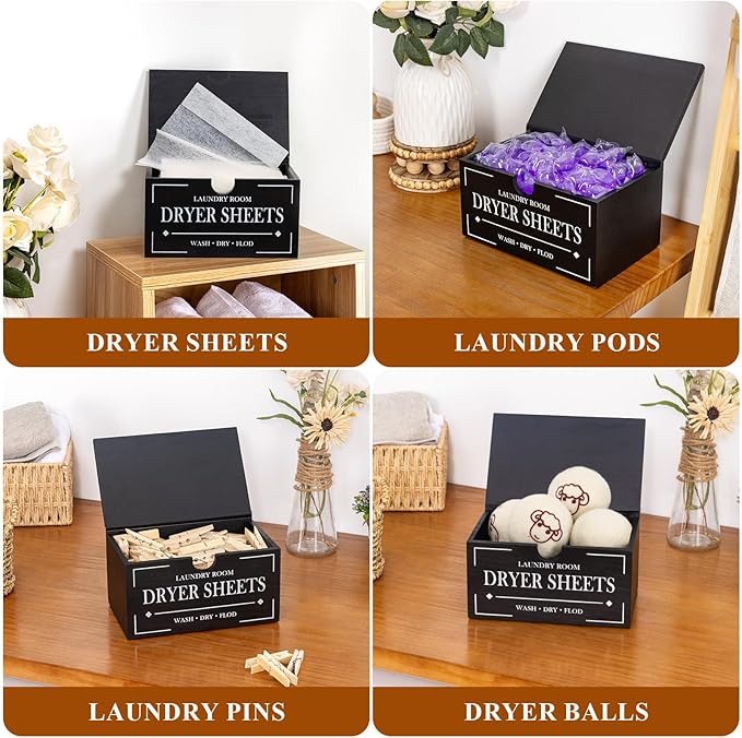 HouseJoy Dryer Sheet Holder-Black Dryer Sheet Container with Lid,Wooden Laundry Room Organization and Storage,Rustic Farmhouse Dryer Sheet Dispenser for Laundry Room Decor,Fabric Softener Containers
