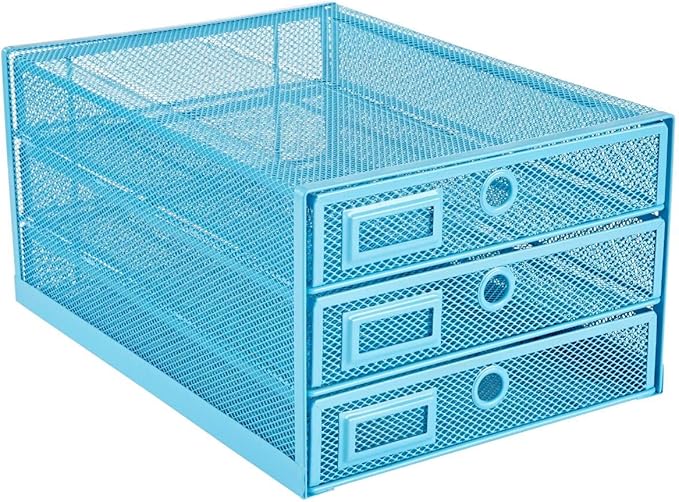 Annova Desk Organizer Wire Mesh 3 Tier Sliding Drawers Paper Sorter/Multifunctional/Premium Solid Construction for Letters, Documents, Mail, Files, Paper, Kids' Art Supplies (Blue)
