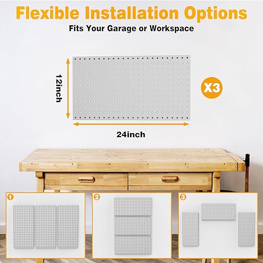 Pegboard Smith Metal Pegboard Panels 12" x 24", 3 Pack Grey Wall Mounted Tool Organizer Boards, Heavy Duty Tool Storage Peg Board for Garage, Workbench, Office, Fits 1/4" Peg Hooks