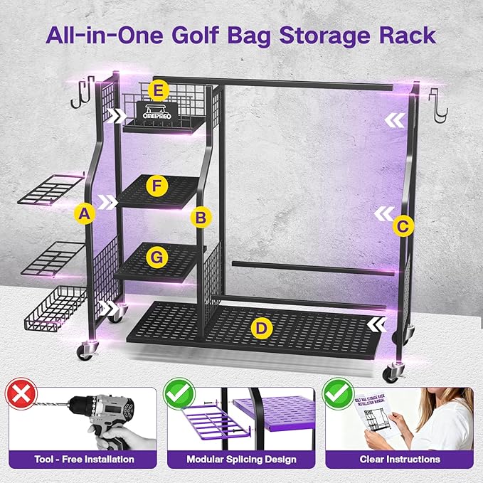 Golf Bag Storage Garage Organizer, Golf Bag Storage Stand and Other Golfing Equipment Accessories Rack, Golf Bag Storage Rack with Wheels, Golf Organizer for Home, Garage, Club, Shed, Basement