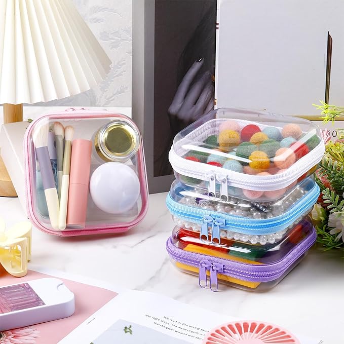 Hoolerry 4 Pcs Hard Clear Zipper Case Makeup Bags Plastic Pencil Pouch Transparent Storage Box Containers for Cosmetics, Snacks, Building Blocks, Puzzles(Multicolor,5 x 5 x 2 in)