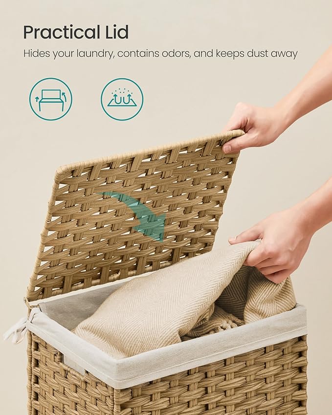 SONGMICS Storage Basket with Lid, Woven Blanket Storage Bin with Handles, Foldable, Removable Liner, Metal Frame, for Bedroom, Laundry Room, 9.2 Gallons (35 L), Natural URST040YE01