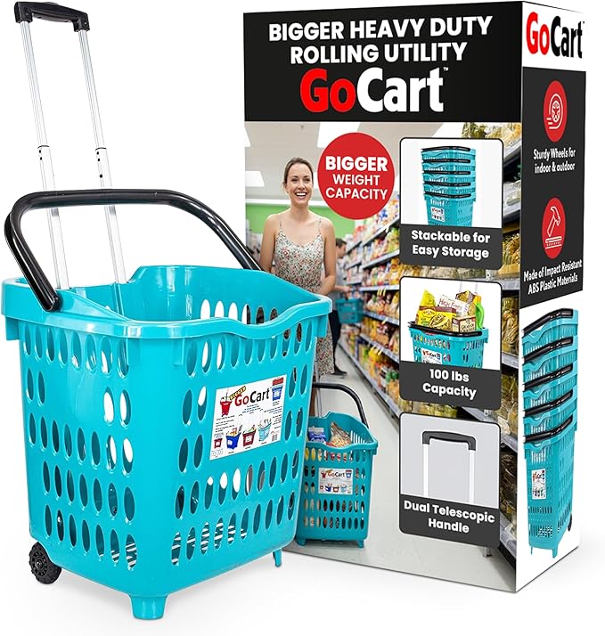 dbest products Bigger GoCart Grocery Cart Rolling Shopping Laundry Basket on Wheels Hamper with Telescopic Handle Cleaning Caddy Trolley, Teal, Bigger 1 pack