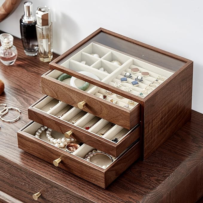 CHOSIN Black Walnut Wooden Jewelry Box for Women, 3-Layer Wood Jewelry Organizer with Glass Lid for Watches, Necklaces, Rings & Earrings Storage Christmas Gifts