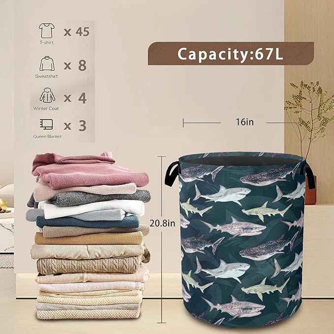 Cute Shark Collapsible Laundry Baskets,Laundry Hamper,Storage Basket with Handles for Bathroom Bedroom College Dormitory Living Room Nursery Organizer 16"x20"