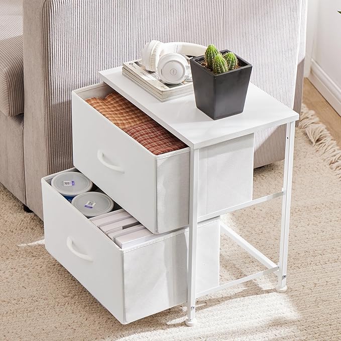 DUMOS Small Night Stand Set of 2 Fabric Drawer Dressers Short Bedside Tables for Room Organization Closet College Dorm Entry Storage 20 Inch Height Furniture,White