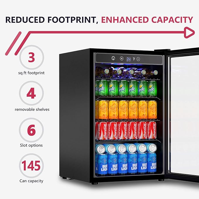4.5 Cu.ft Beverage Refrigerator Cooler, 145 Can Mini Fridge with Digital Temperature Display for Soda Beer Wine, Freestanding beverage fridge with Adjustable Shelving for Home Office Bar