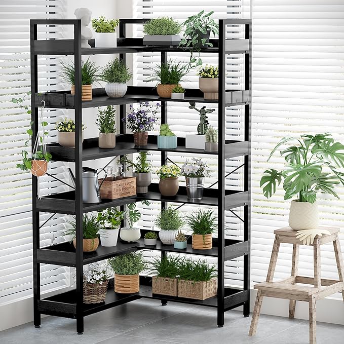 KOUSEI 6-Tier Corner Bookshelf, Reversible L-Shaped Bookcase with 4 Hooks, 69" Industrial Wood & Metal Storage Shelf for Living Room, Home Office & Bedroom, Black
