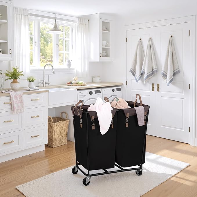 StorageWorks 280L Large Lanudry Hamper with Wheels, Laundry Basket with Wheels 2 Sections, Clothes Sorter Cart with Divider for Hotel, Home, Black, 1-Pack
