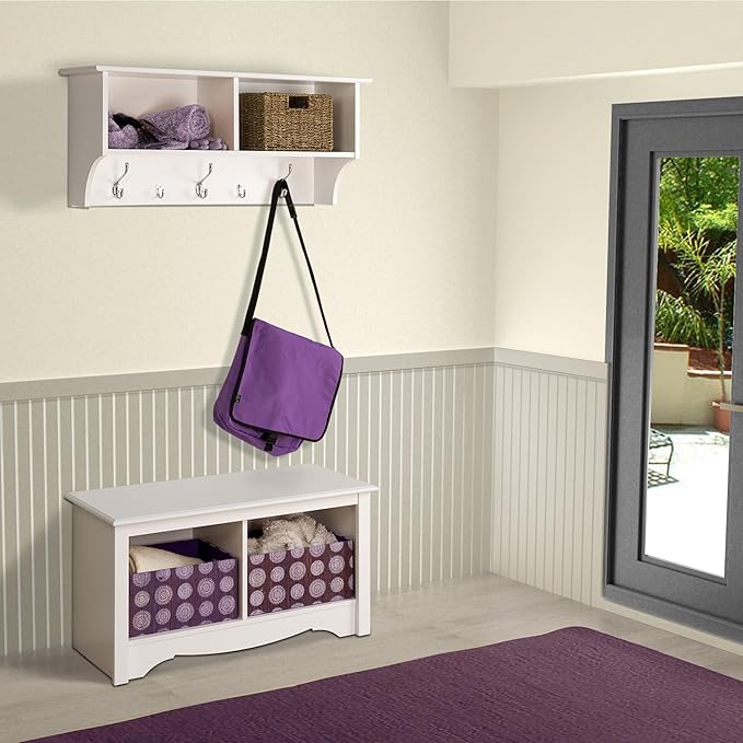 Prepac 36" Contemporary Wall Mounted Coat Rack, Coat Hooks Wall Mount with 2 Shelves, Ideal for Hallway or Entryway Storage Solution, 11.5"D x 36"W x 16.5"H, White