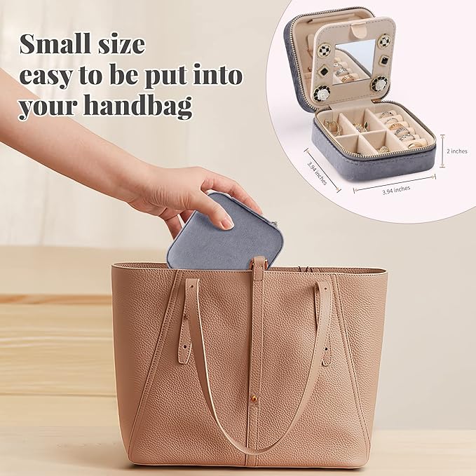 Dajasan Velvet Travel Jewelry Box, Mini Travel Jewelry Case, Small Portable Travel Jewelry Organizer Box with Mirror for Earrings Bracelets Rings Necklace (Grey)