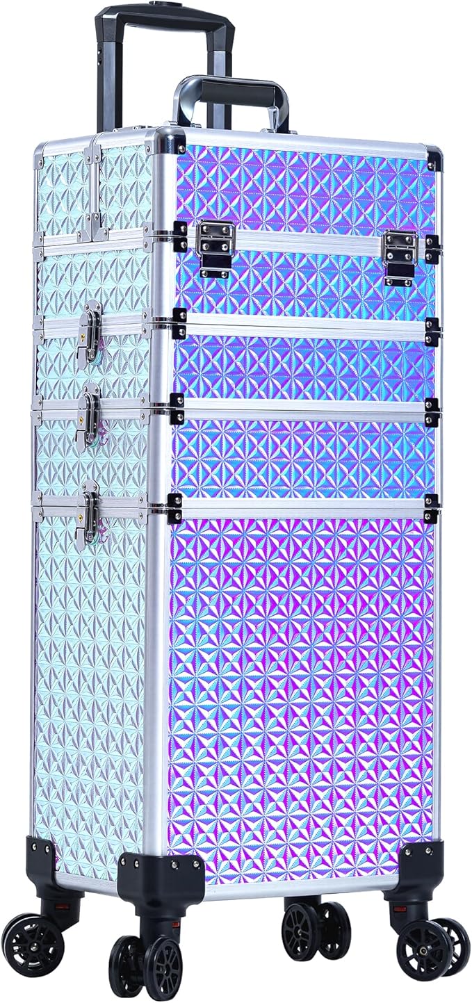AROUS 5 in 1 Rolling Makeup Train Case Cosmetology Case on Wheels Large Cosmetic Organizer Travel Cart for Hairstylist Artist Nail Beauty Salon Barber,Silver