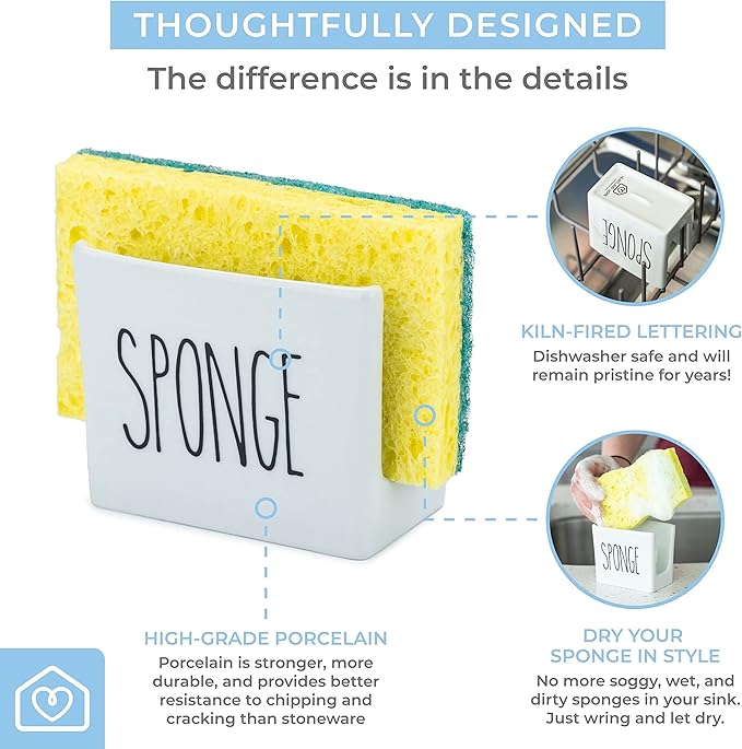 Heartland Home Porcelain Sponge Holder for Kitchen Sink. Compact Sink Caddy Organizer - Scrub Daddy Compatible Dish Sponge Holder. Ceramic Black and White Kitchen Decor and Cute Kitchen Accessories