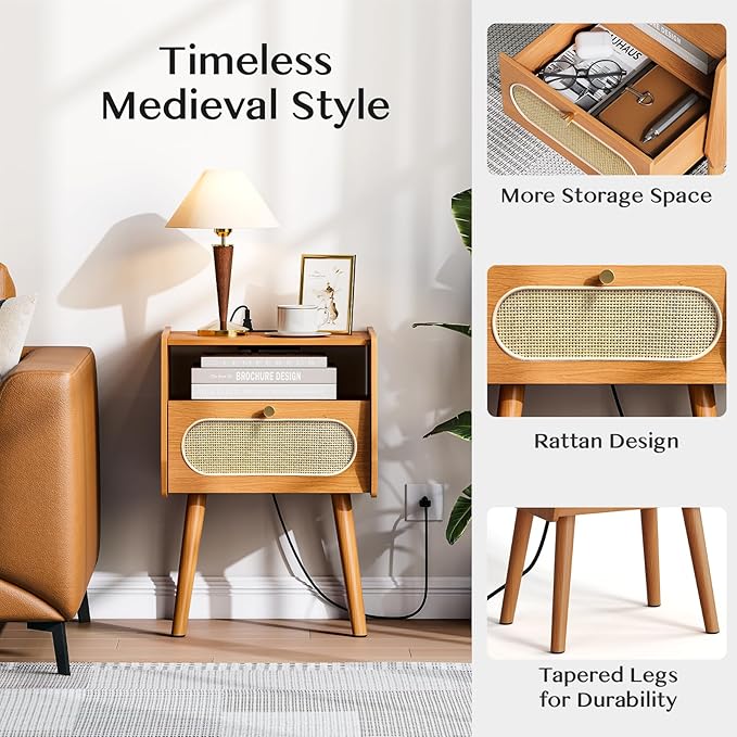 Night Stand Set 2, Mid Century Modern Nightstands, Rattan Bedside Table with Charging Station, Boho End Table with Drawer Storage, Solid Wood Legs Bed Side Tables for Bedroom, Cherry