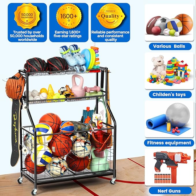 Kinghouse Sport Equipment Organizer for Garage, Steel Basketball Rack with Baseball Bat Holder and Hooks, Easy Assembly Storage for Balls, Kids' Toys, and Workout Gear in Basement, Home Gym, Outdoor