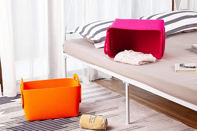 Minoisome Storage Basket Felt Storage Bin Collapsible& Convenient Box Organizer with Carry Handles for Office Bedroom Closet Babies Nursery Toys Laundry (Orange, 13.8inch（L）×9.5inch（W）×8.3inch（H）)
