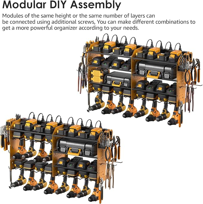 CCCEI Modular Pegboard Rack Power Tool Organizer with Charging Station. 4 Layer Wall Mount Drill Holder, Yellow Tool Battery Charger Organizer. Garage Shop Storage Utility Shelf with Power Strip.